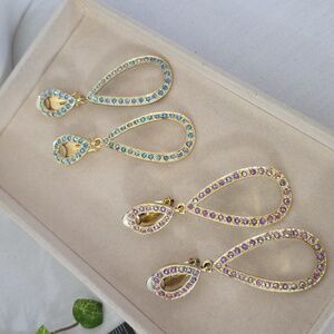 Statement Clip On Drop Earrings Gold with AB Blue Or Purple Rhinestone